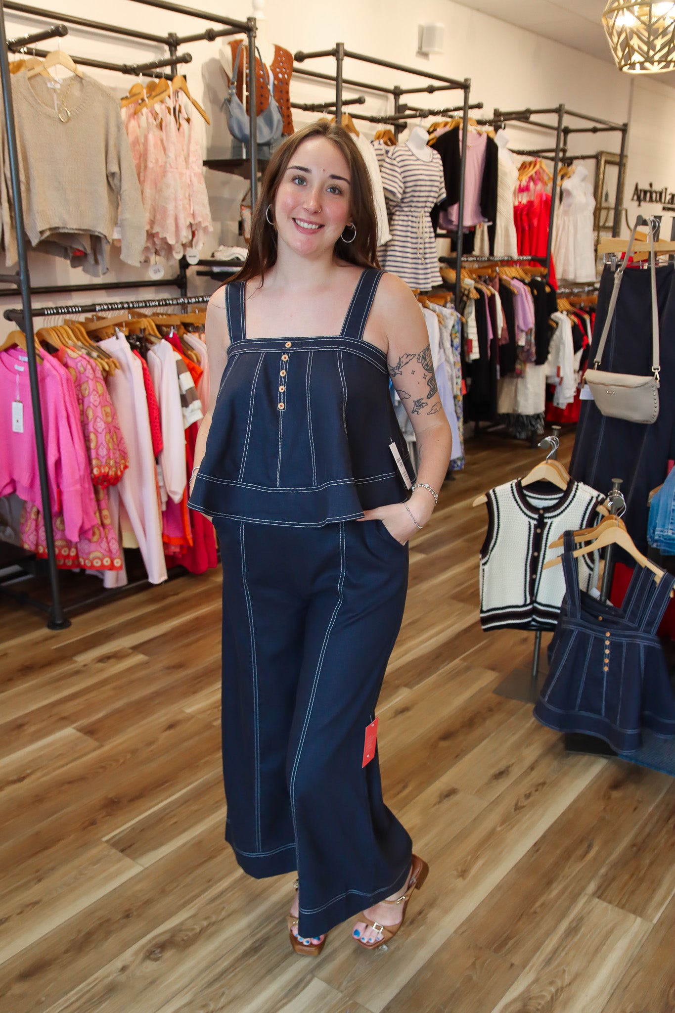 MIOU MUSE STITCH DETAIL WIDE LEG LINEN PANTS