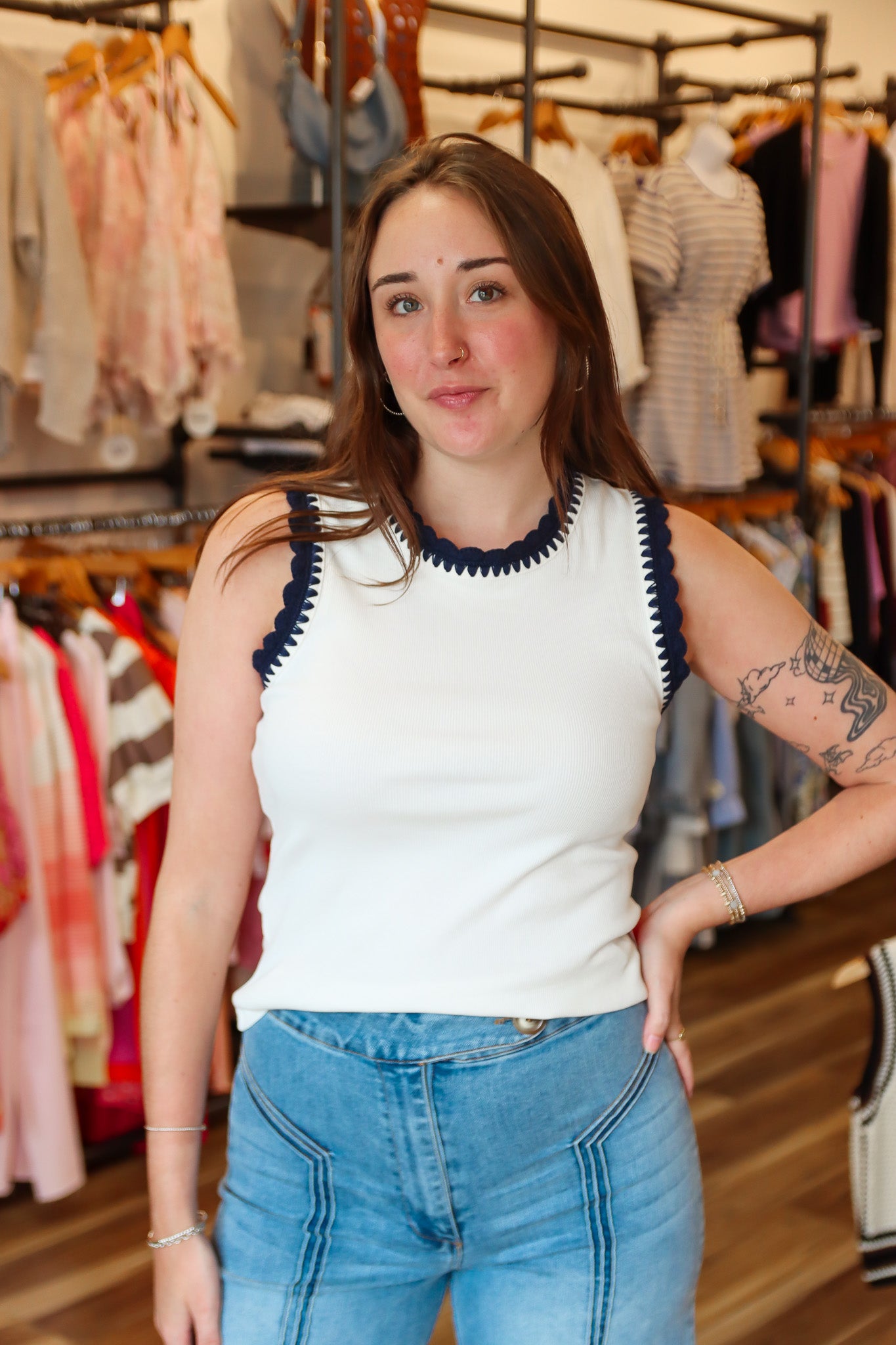 CURRENT AIR CONTRAST CROCHET DETAIL TANK