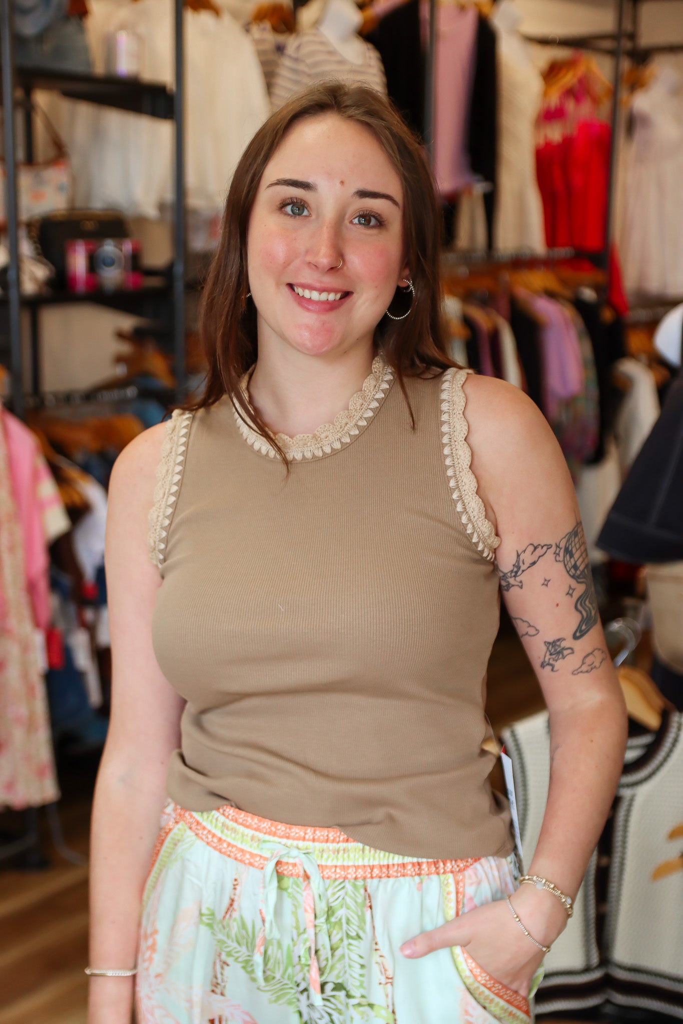 CURRENT AIR CONTRAST CROCHET DETAIL TANK