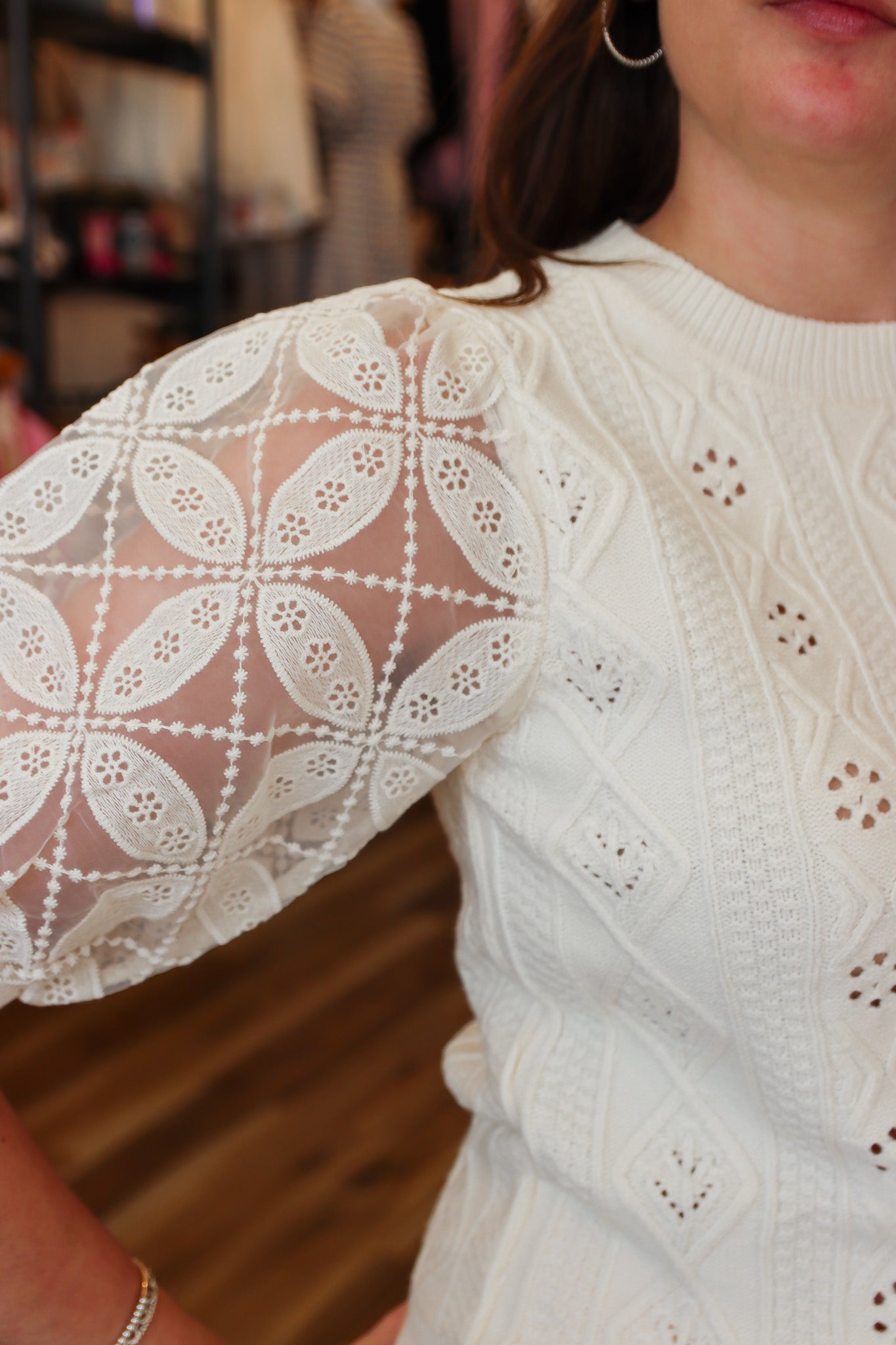 FATE SHEER SLEEVE CABLE KNIT SWEATER