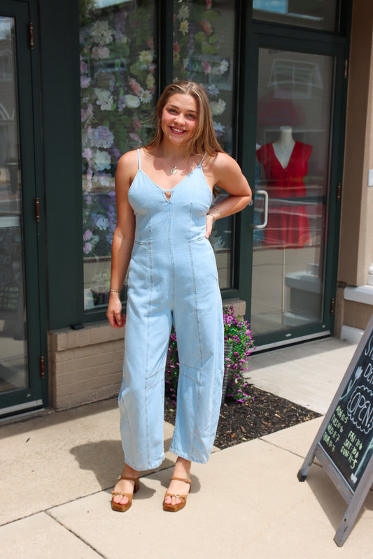 PEACH LOVE STRAPPY TIE BARREL OVERALL JUMPSUIT