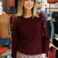 long slv crew neck lace inset knit top
