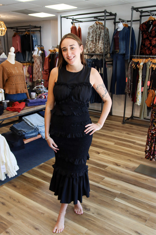 SMOCKED MERMAID LINE MIDI DRESS