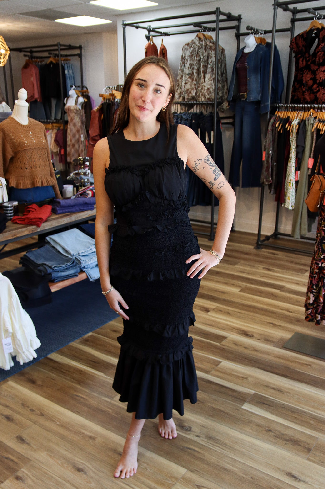 SMOCKED MERMAID LINE MIDI DRESS