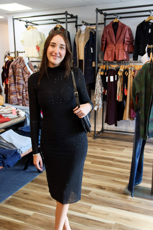 KRISTA SHEER BLACK RHINESTONE DRESS W LONG SLEEVES