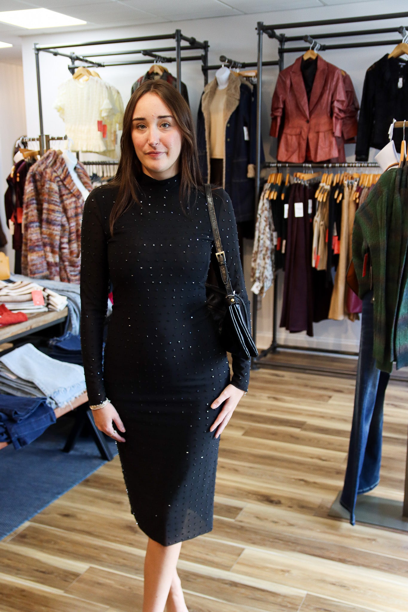 KRISTA SHEER BLACK RHINESTONE DRESS W LONG SLEEVES