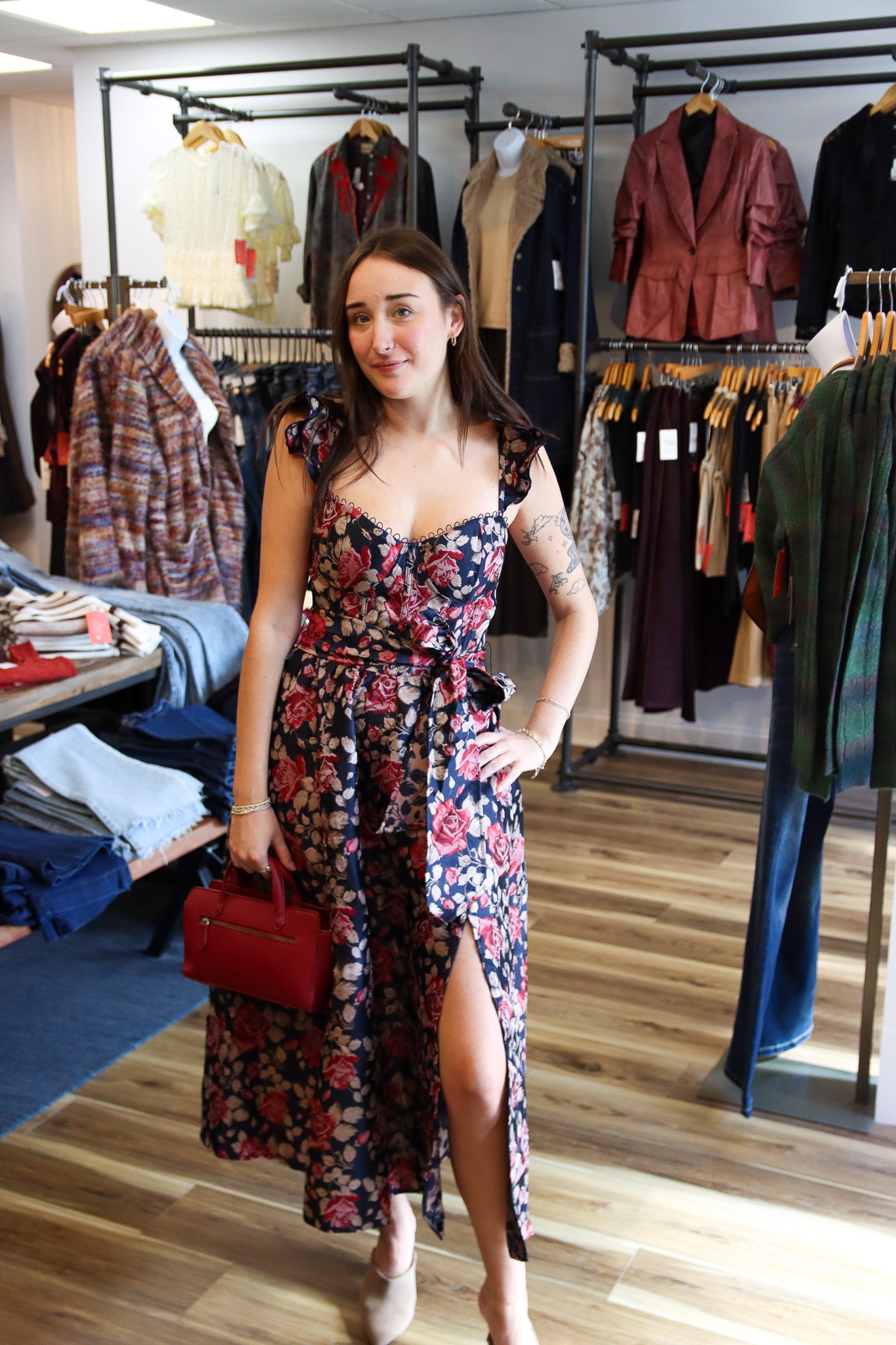 FLORAL JACQUARD RUFFLED CAP SLEEVE TIE WAIST DRESS