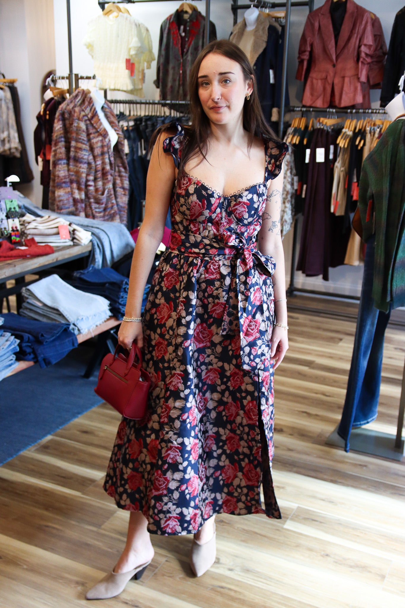 FLORAL JACQUARD RUFFLED CAP SLEEVE TIE WAIST DRESS