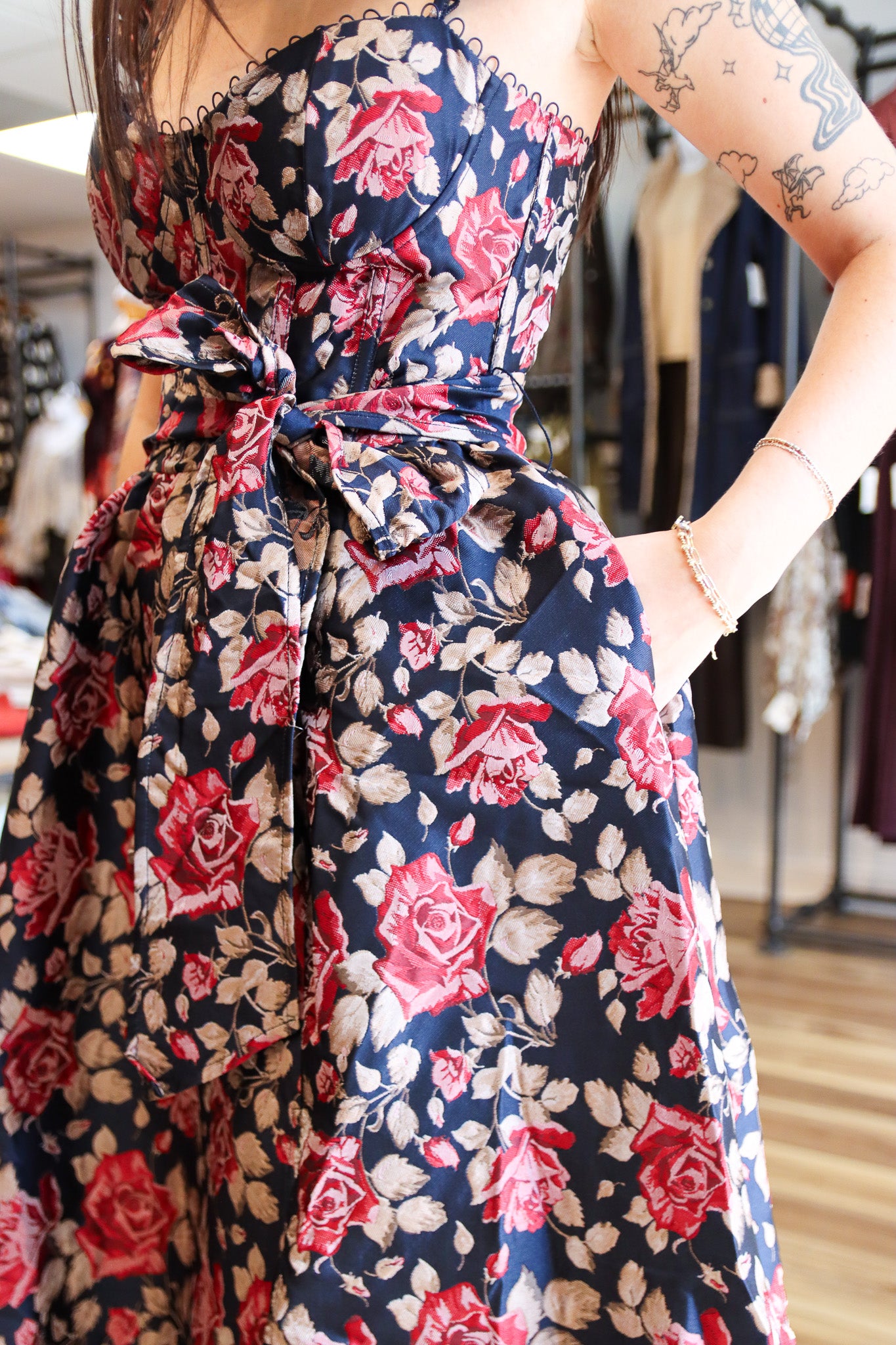 FLORAL JACQUARD RUFFLED CAP SLEEVE TIE WAIST DRESS