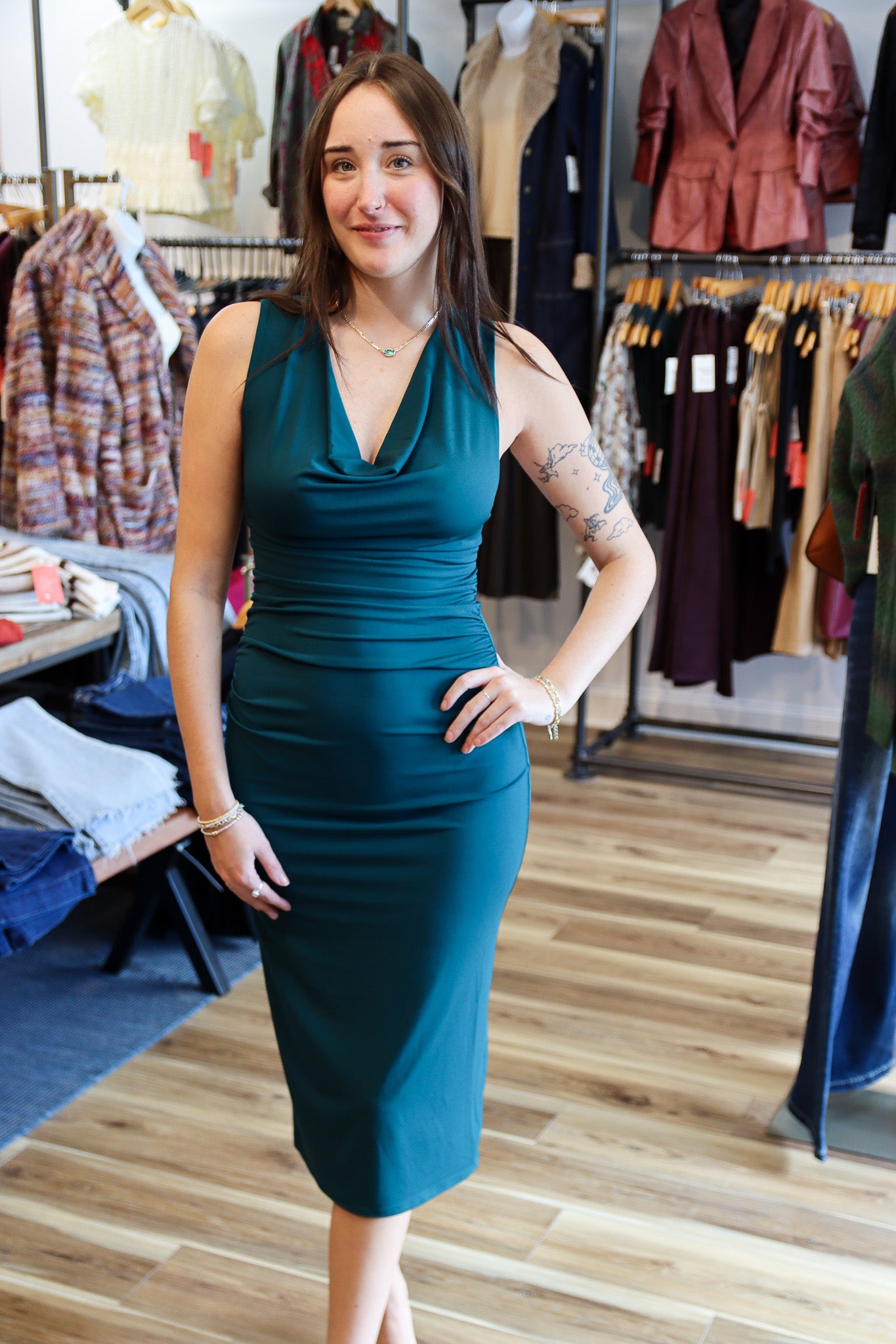 KALINA COWL NECK SLEEVELESS MIDI DRESS