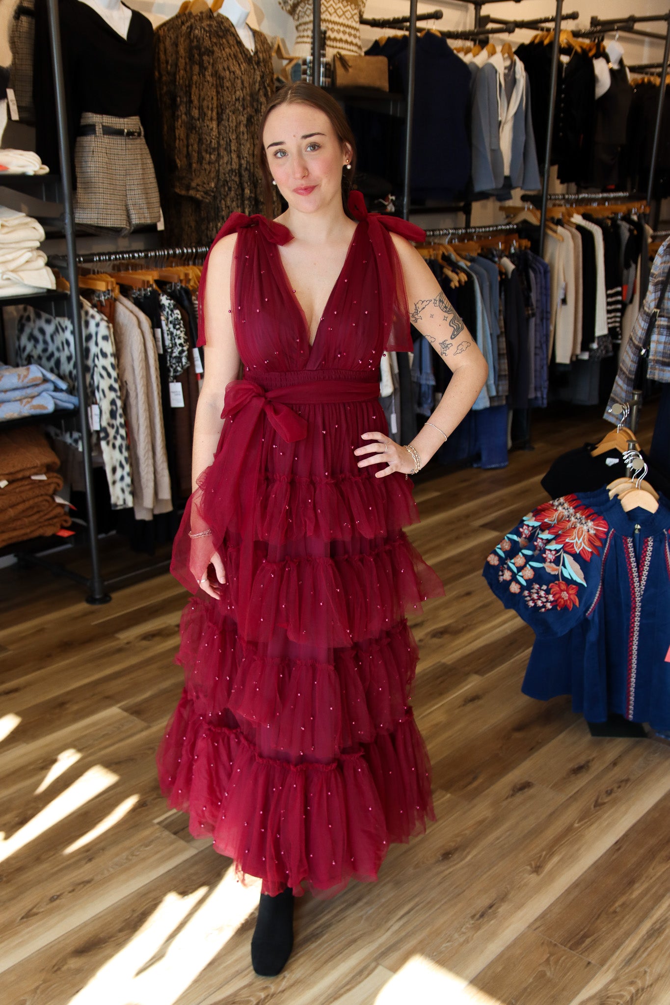 PEARL MESH TEIRED MAXI DRESS