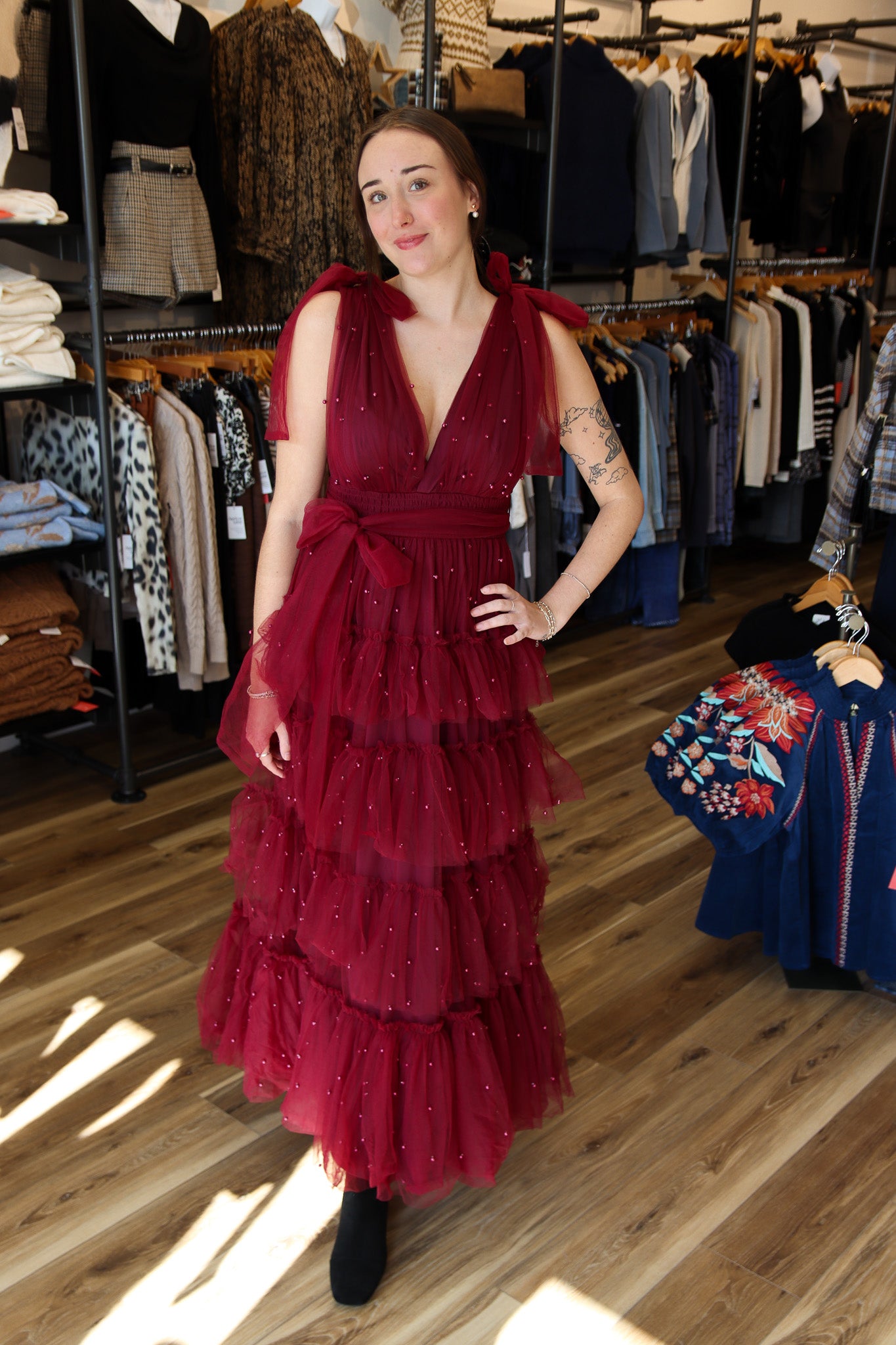 PEARL MESH TEIRED MAXI DRESS