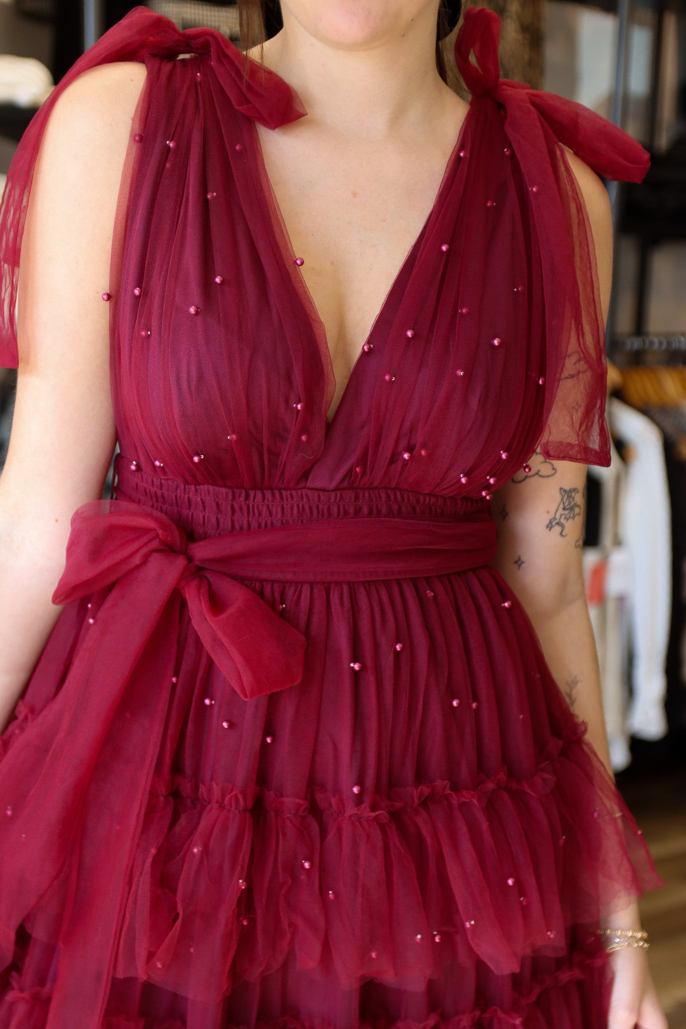 PEARL MESH TEIRED MAXI DRESS