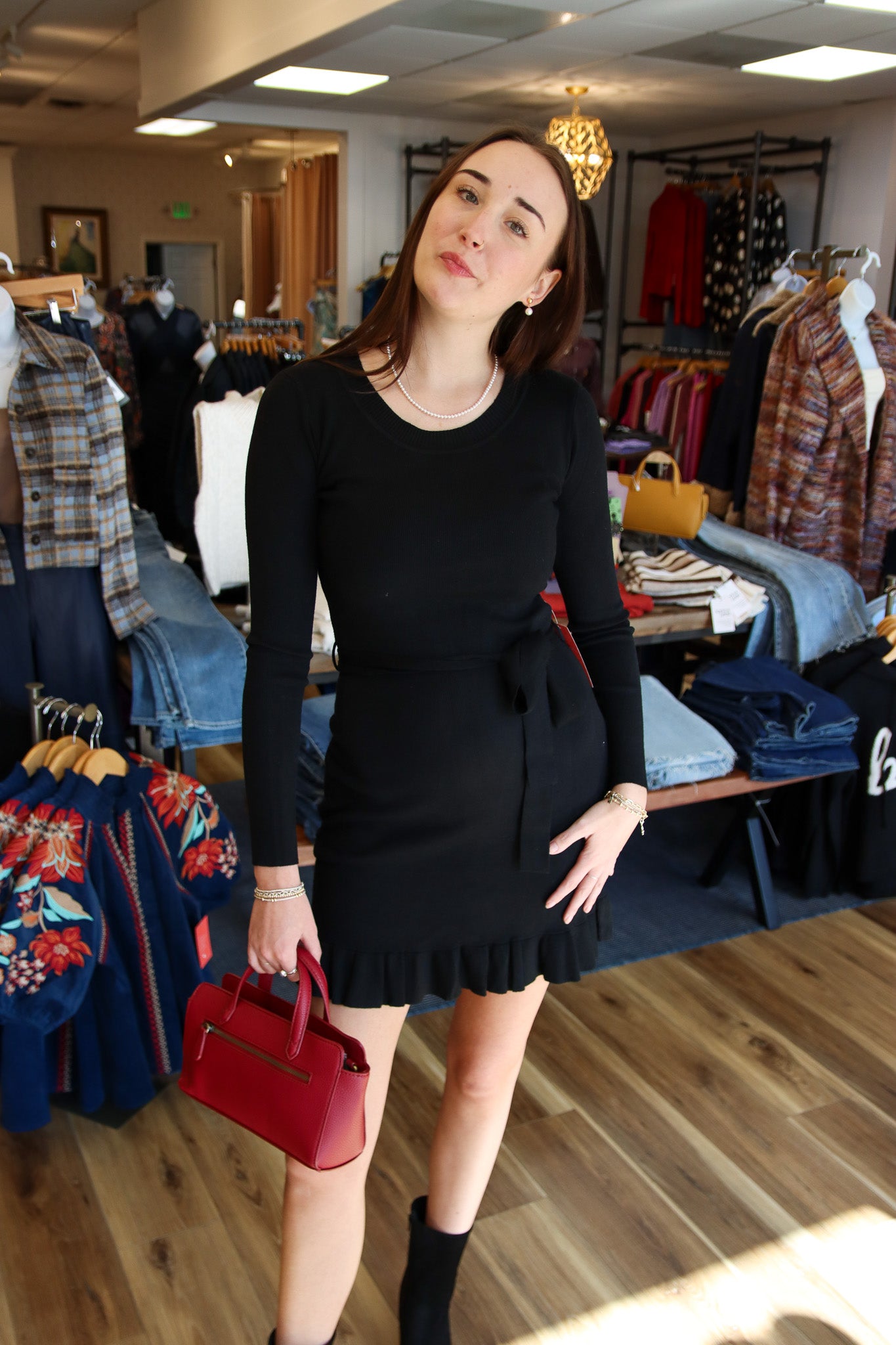 LADIES KNIT SWEATER DRESS WITH BELT DETAIL