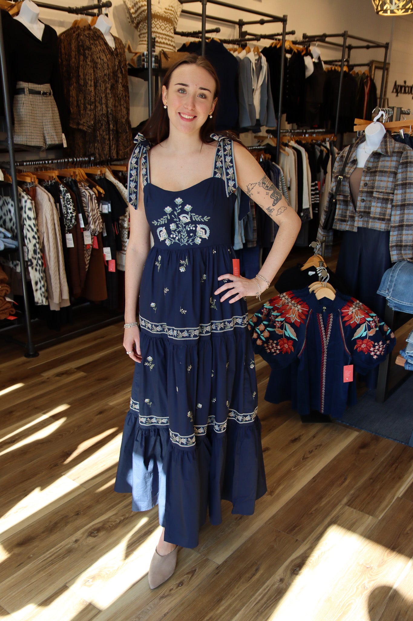 EMBROIDERED TIERED TIE STRAP MAXI