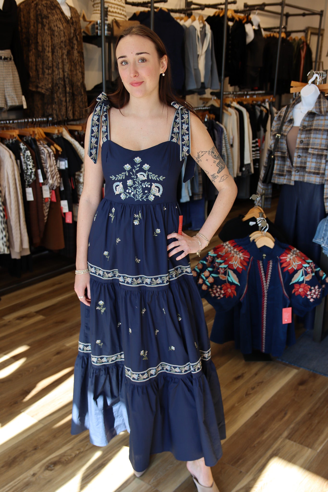 EMBROIDERED TIERED TIE STRAP MAXI