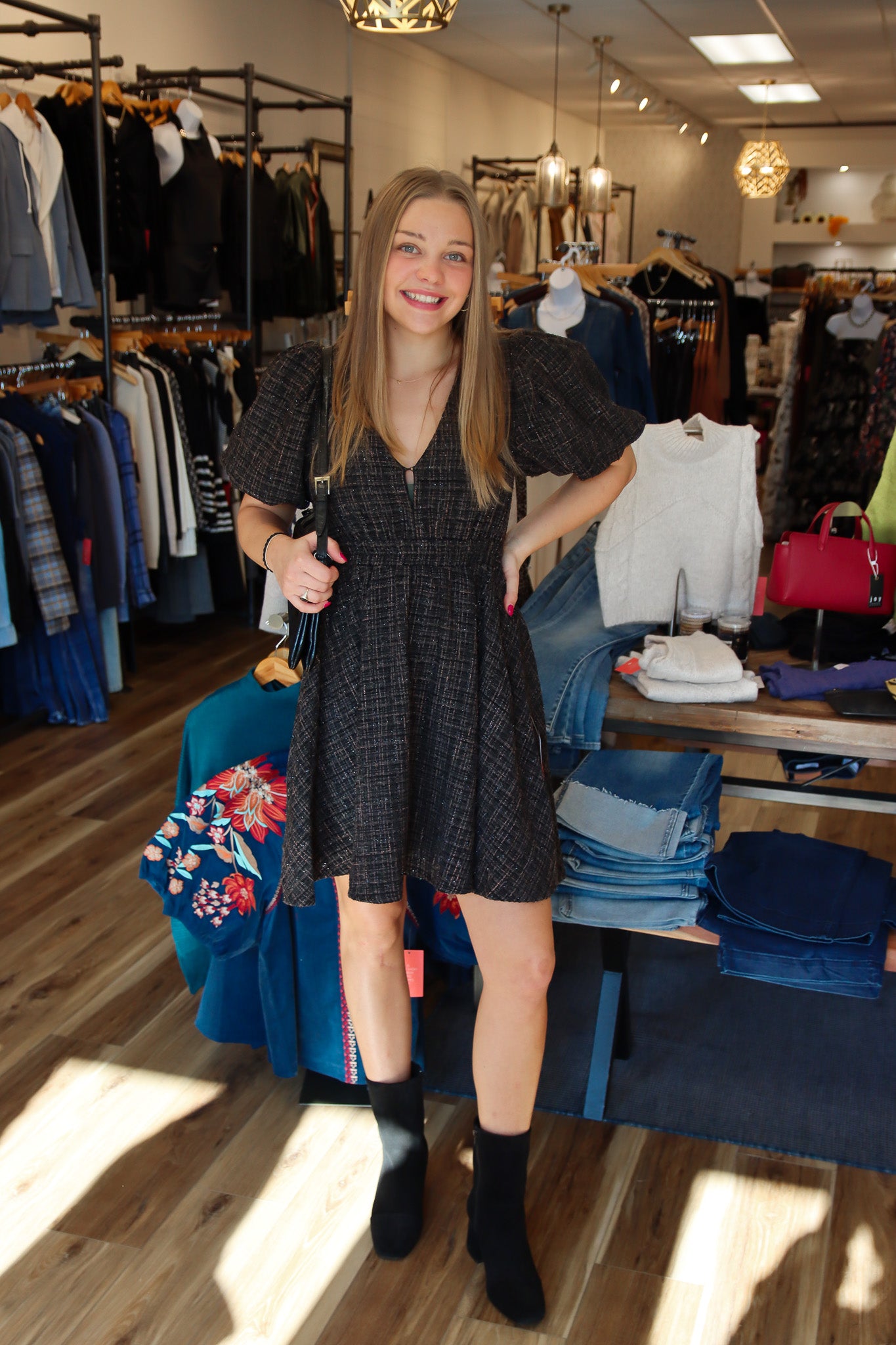 EBONY TWEED PUFF SLEEVE DRESS