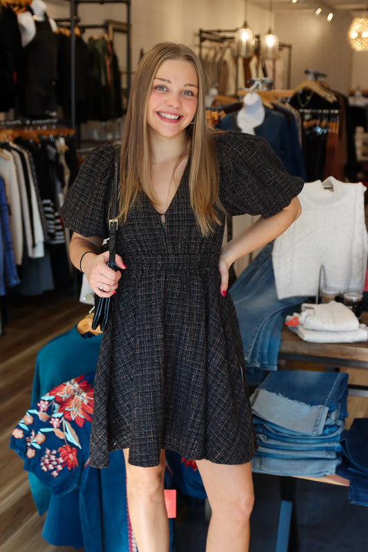 EBONY TWEED PUFF SLEEVE DRESS