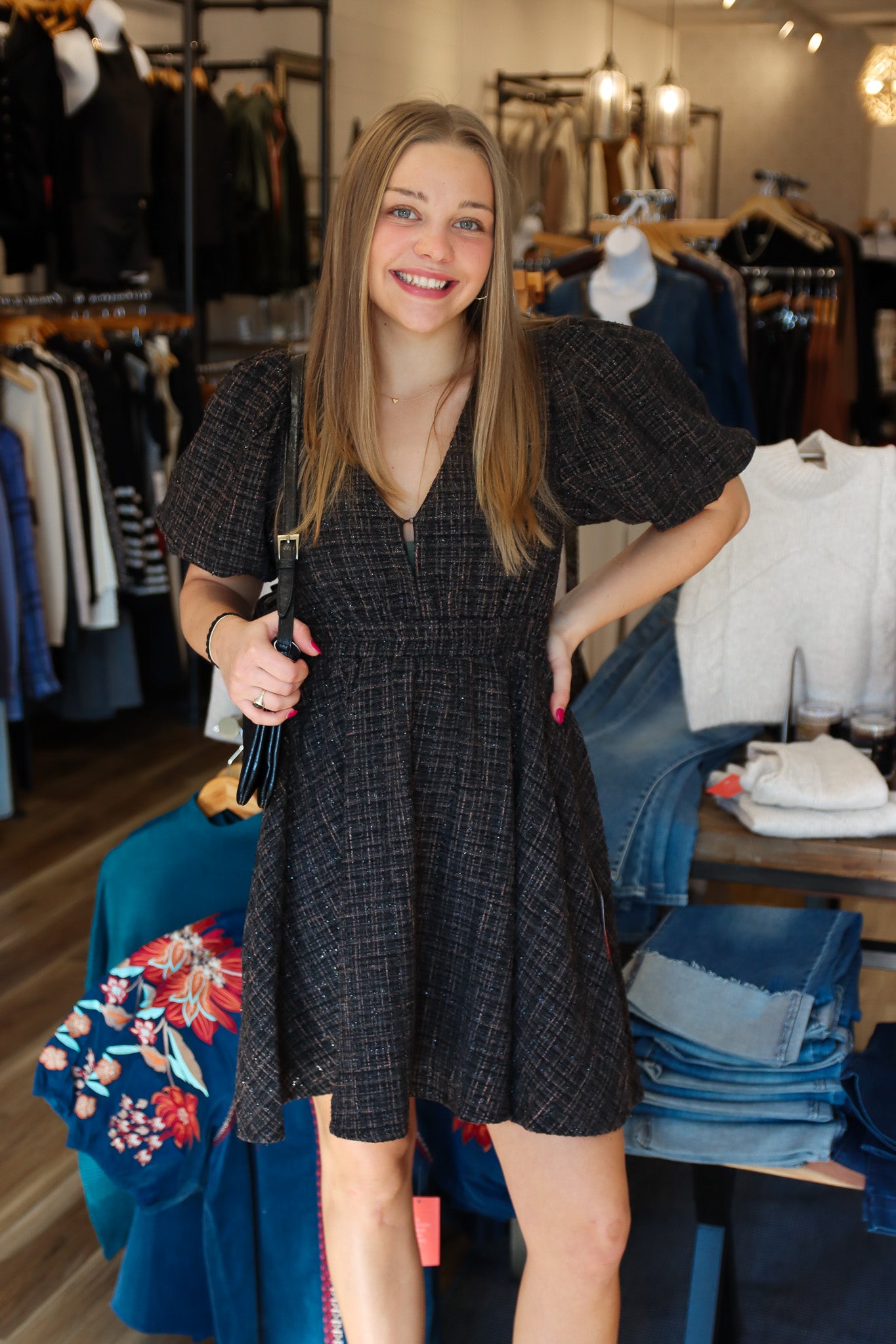 EBONY TWEED PUFF SLEEVE DRESS