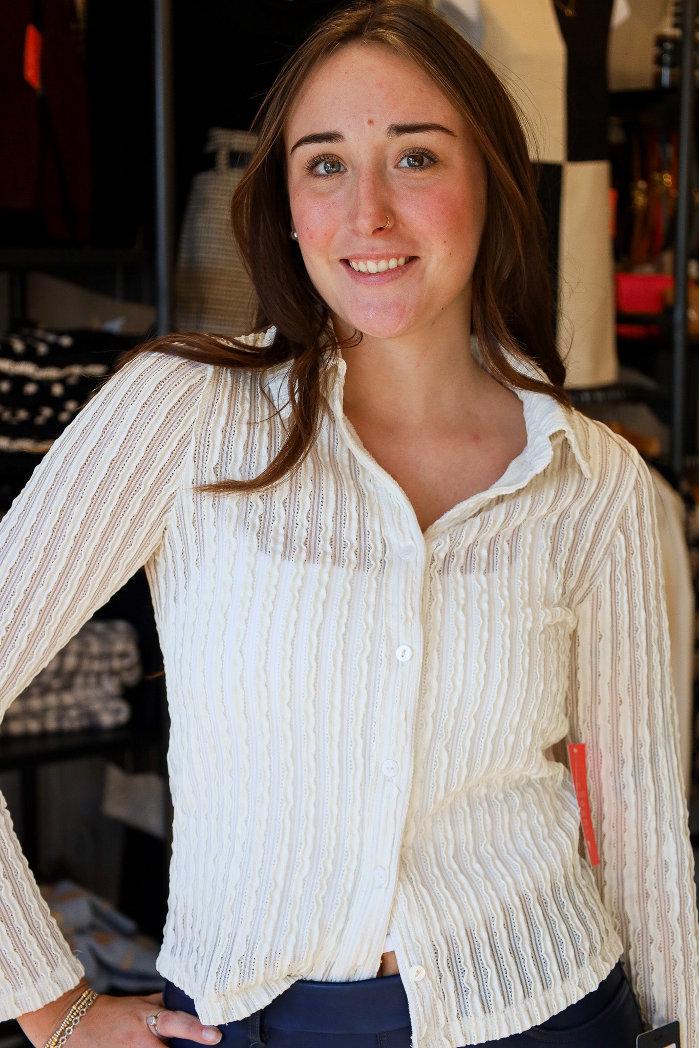 HIDEAWAY STRIPE RUFFLE LACE KNIT TOP