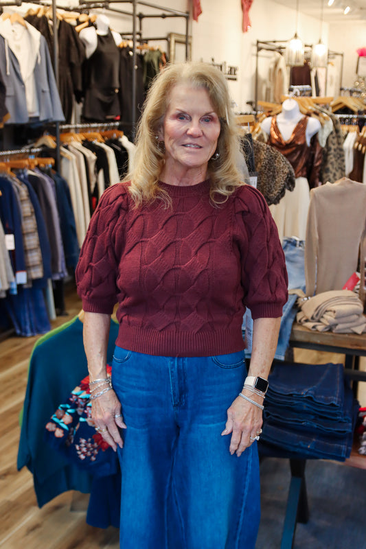 HALLIE CABLE KNIT PUFF SLEEVE SWEATER TOP