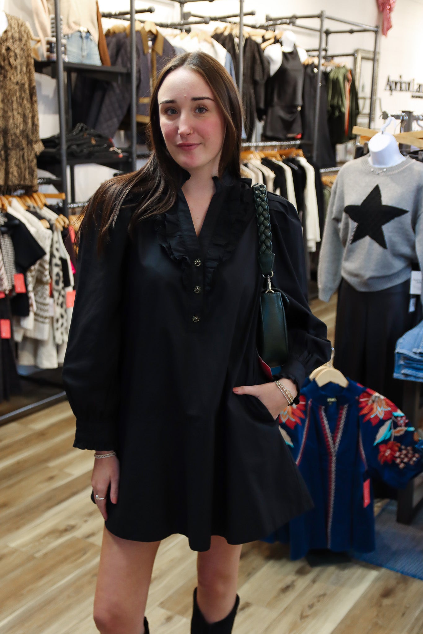 RUFFLED BUTTON DETAIL MINI DRESS