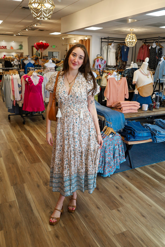 PUFF SLEEVE V NECK PATTERNED MAXI