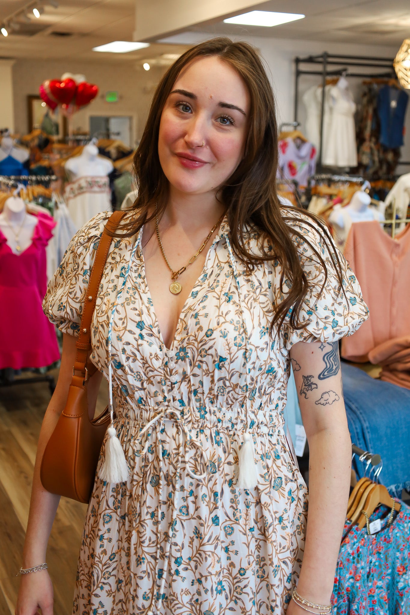 PUFF SLEEVE V NECK PATTERNED MAXI