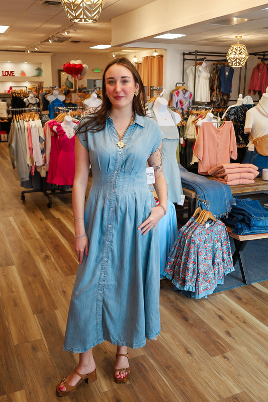 CHAMBRAY MIDI BUTTON DOWN DRESS