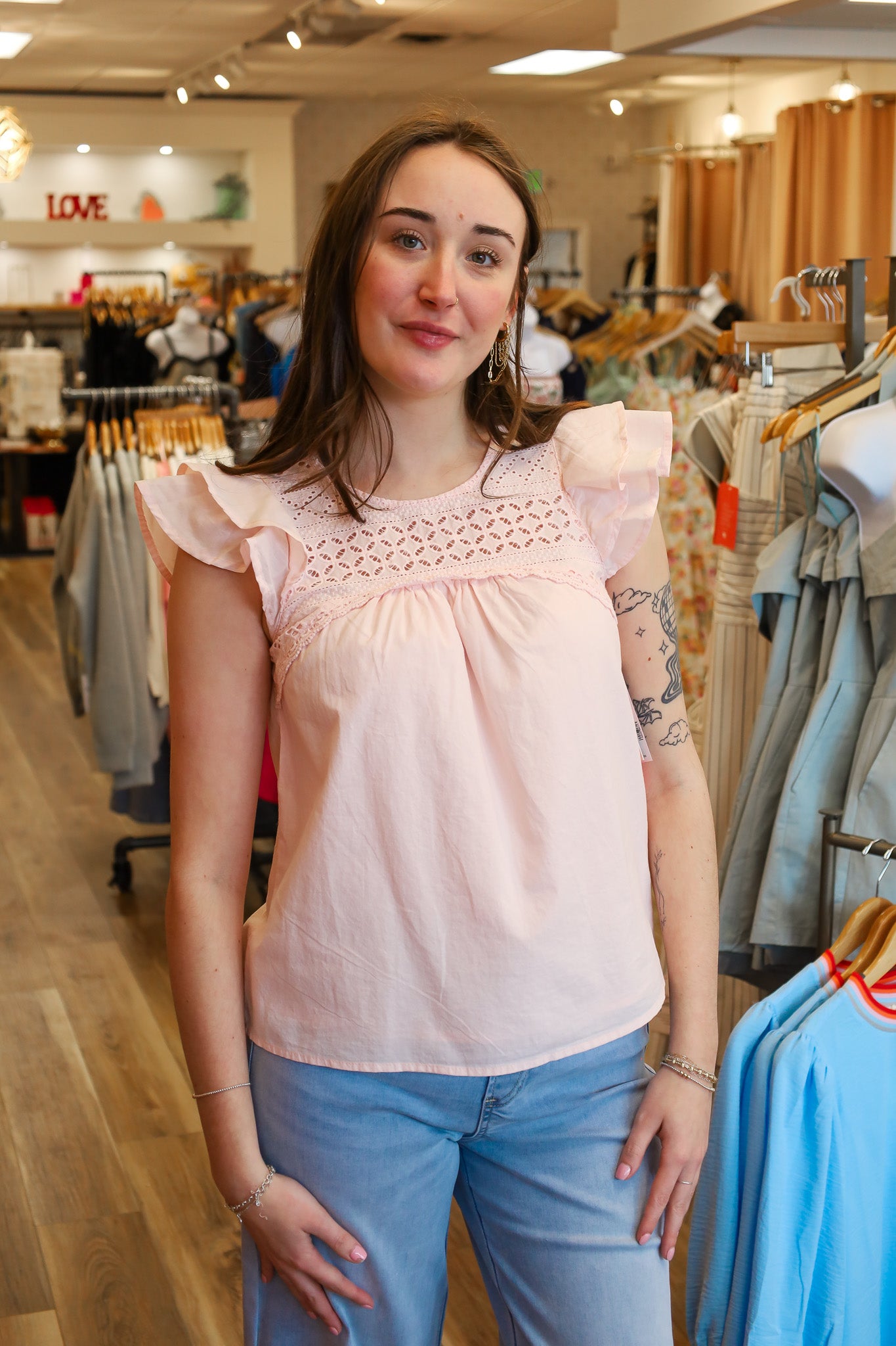 DOUBLE FLUTTER SLEEVE WOVEN BLOUSE