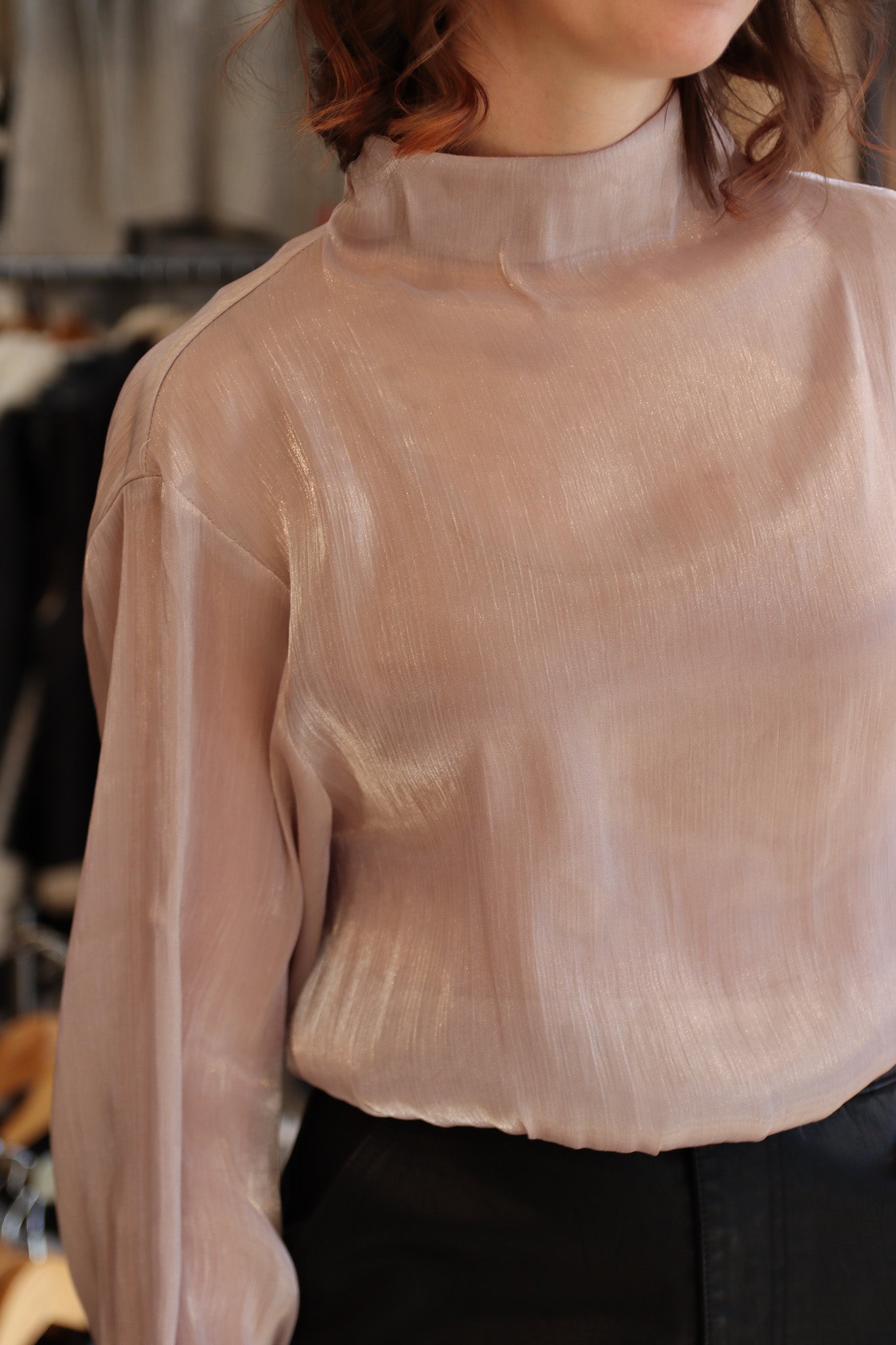 MOCK NECK OPEN BACK BLOUSE