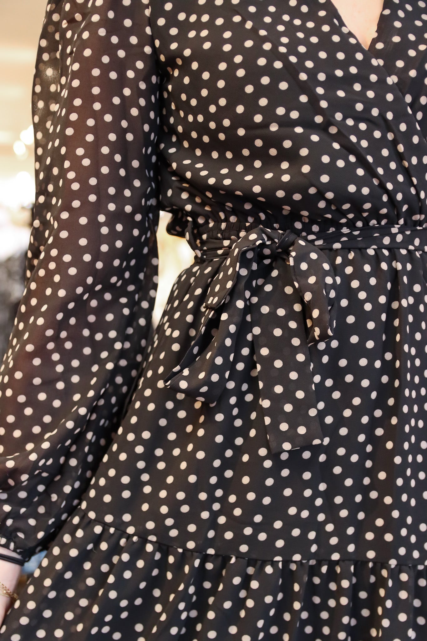 APRICOT POLKA DOT CHIFFON WRAP L/S DRESS