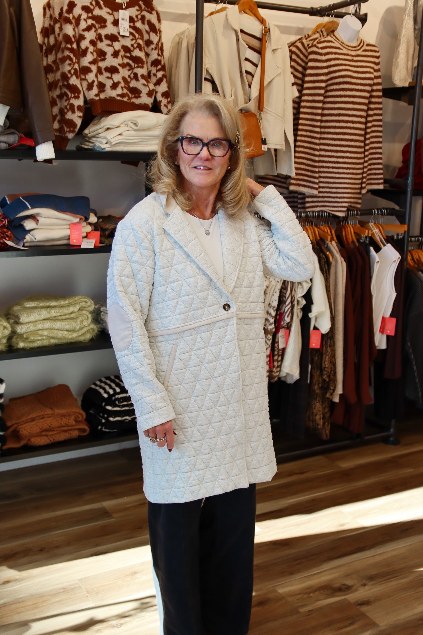 LONG QUILTED JACKET W/ SUEDE DETAIL