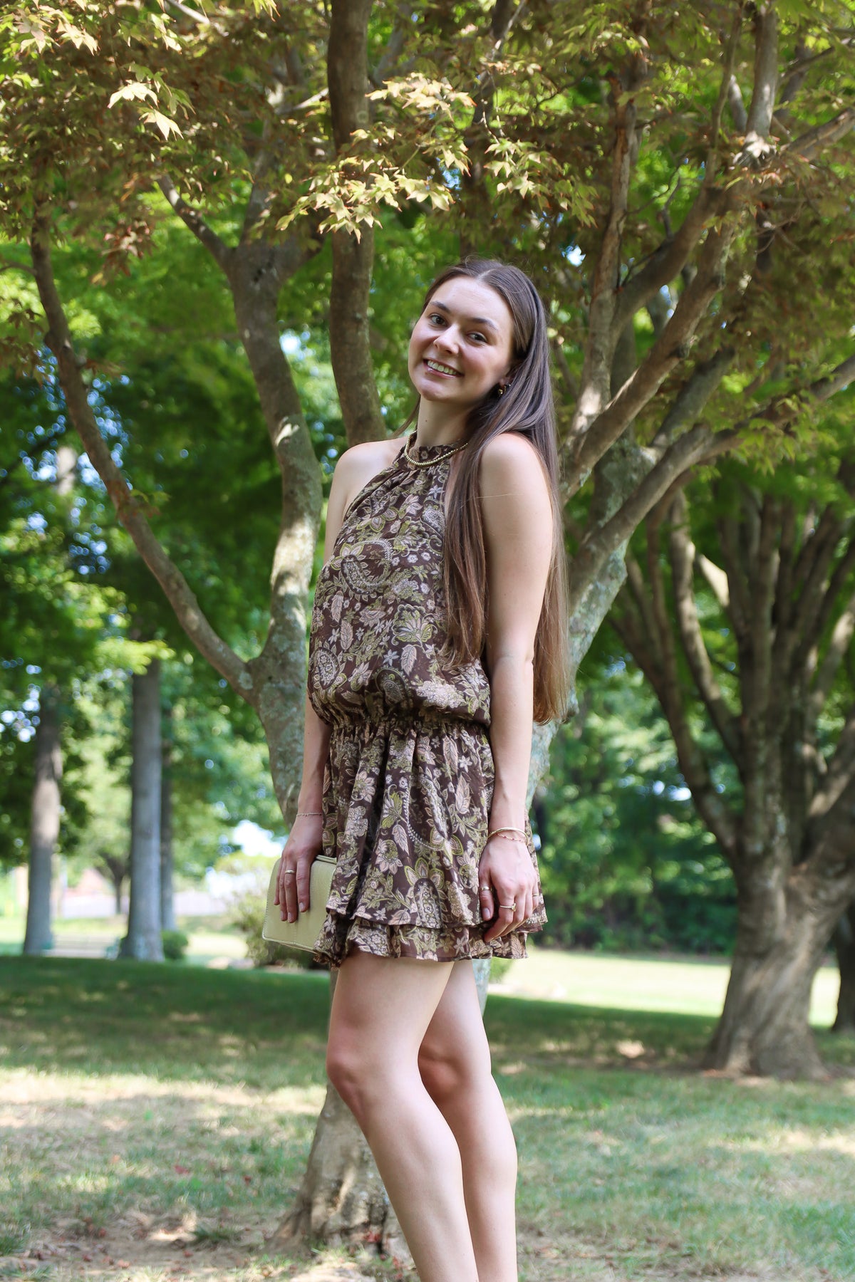 NEEDII "LINDY" PRINTED HALTER MINI DRESS