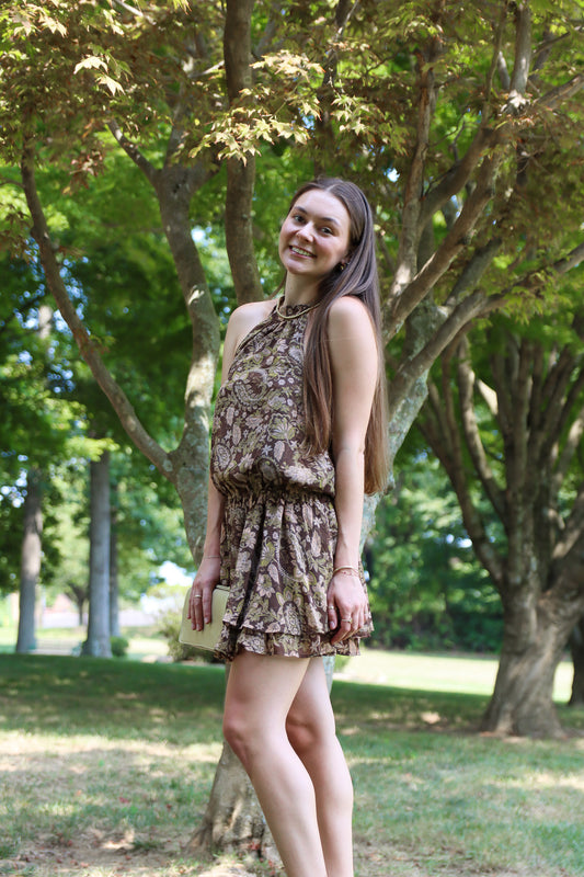 NEEDII "LINDY" PRINTED HALTER MINI DRESS