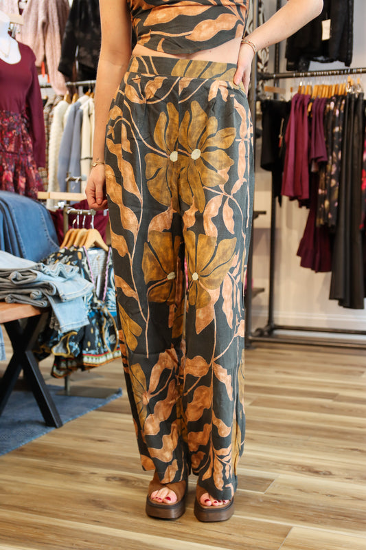 MUTED FLORAL PRINT LINEN WIDE LEG PANT