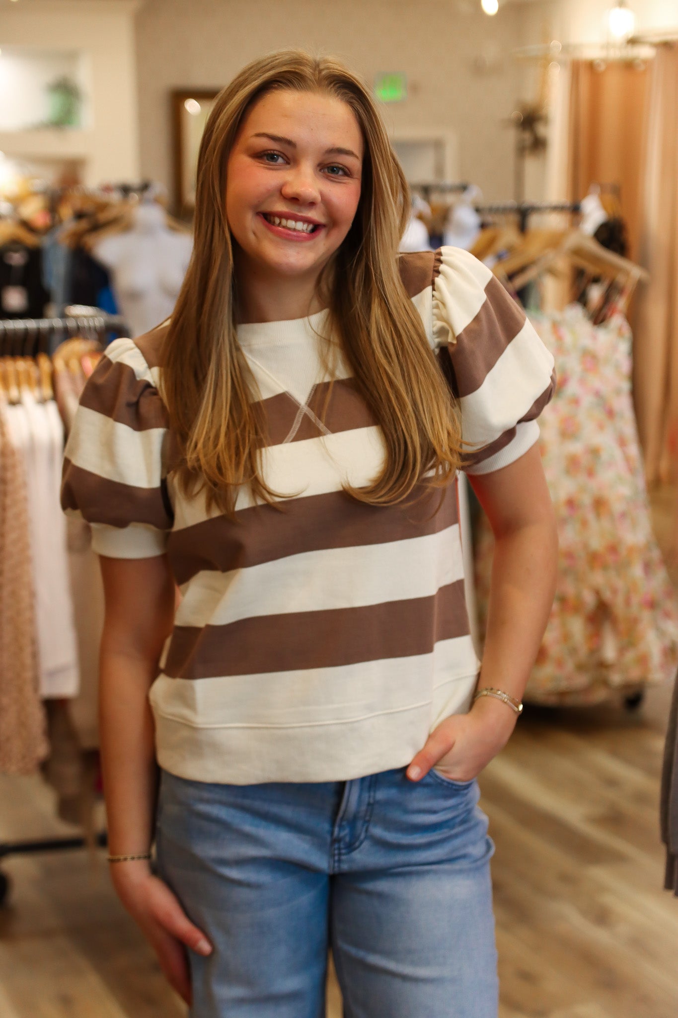 WIDE STRIPE TERRY PUFF SLEEVE PULLOVER