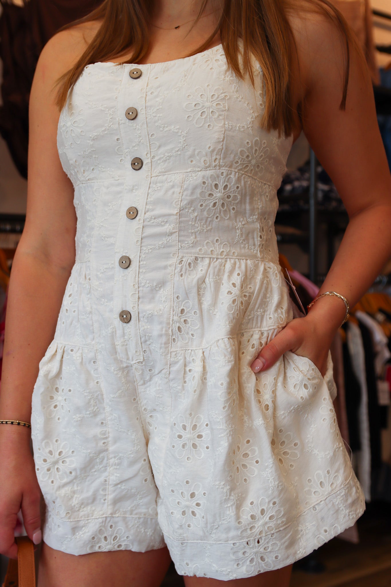MIOU MUSE EYELET ROMPER WITH BUTTON FRONT