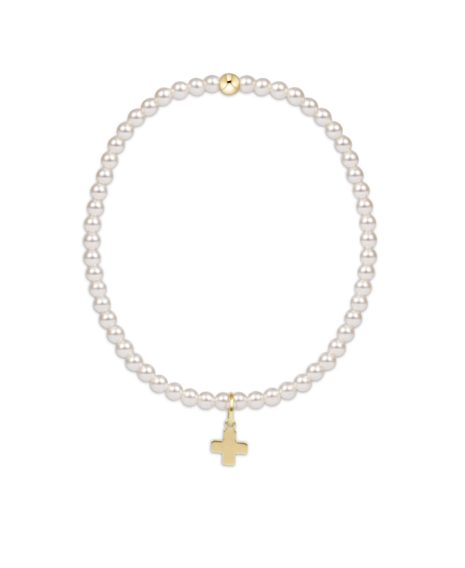 CLASSIC PEARL 3MM CROSS GOLD CHARM BRACELET